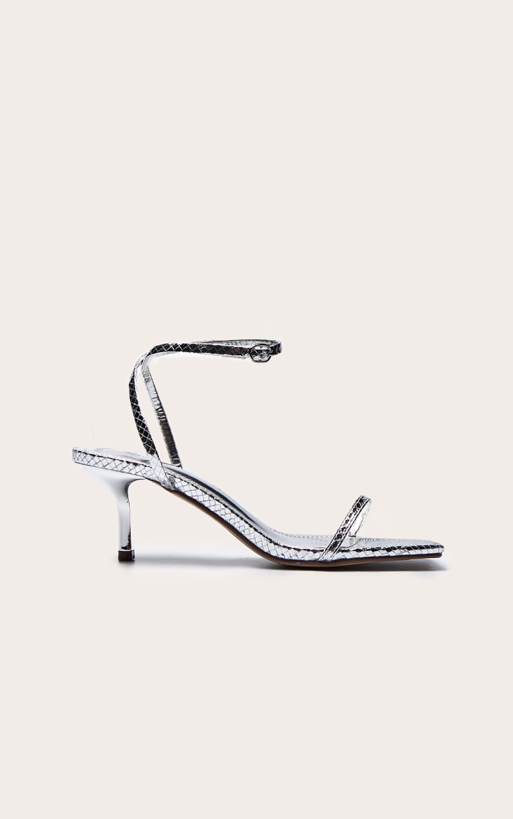 Silver Snake Pu Square Toe Barely There Mid Heeled Sandals image 2