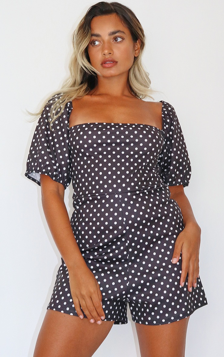 Petite Black Polka Puff Sleeve Playsuit