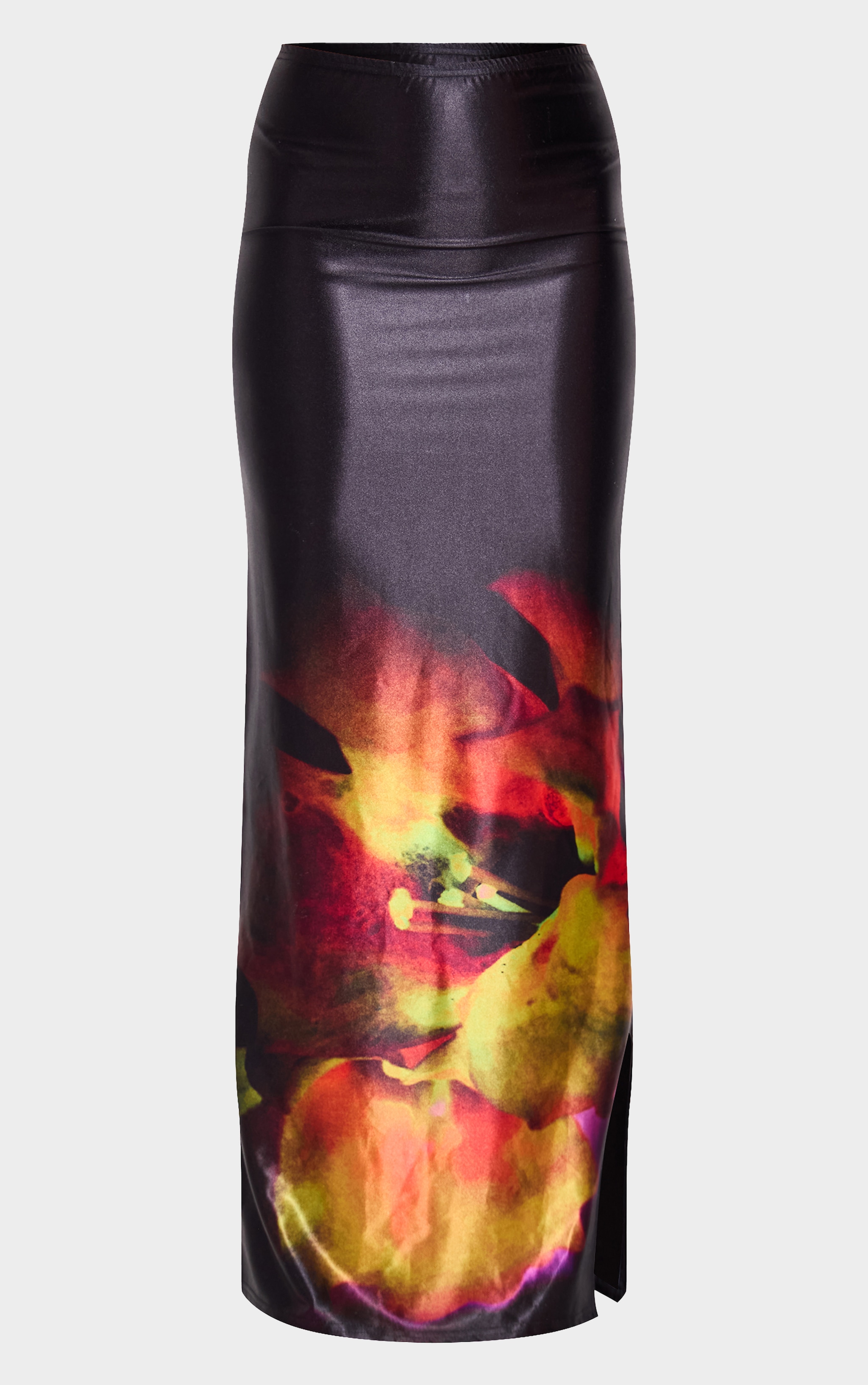 Black Floral Blur Print Stretch Satin Maxi Skirt image 5