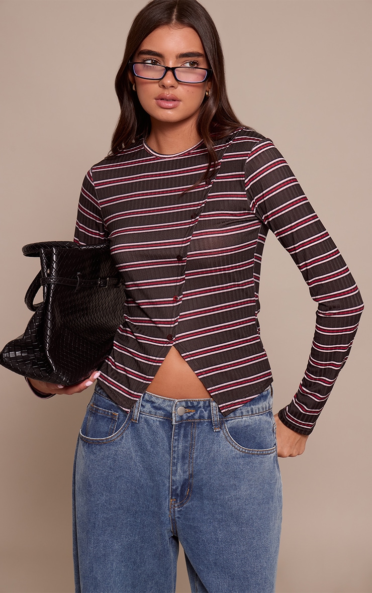 Black Stripe Rib Asymmetric Button Down Top image 1