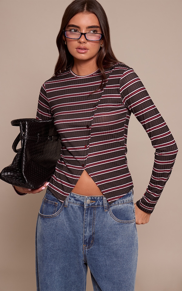 Black Stripe Rib Asymmetric Button Down Top 