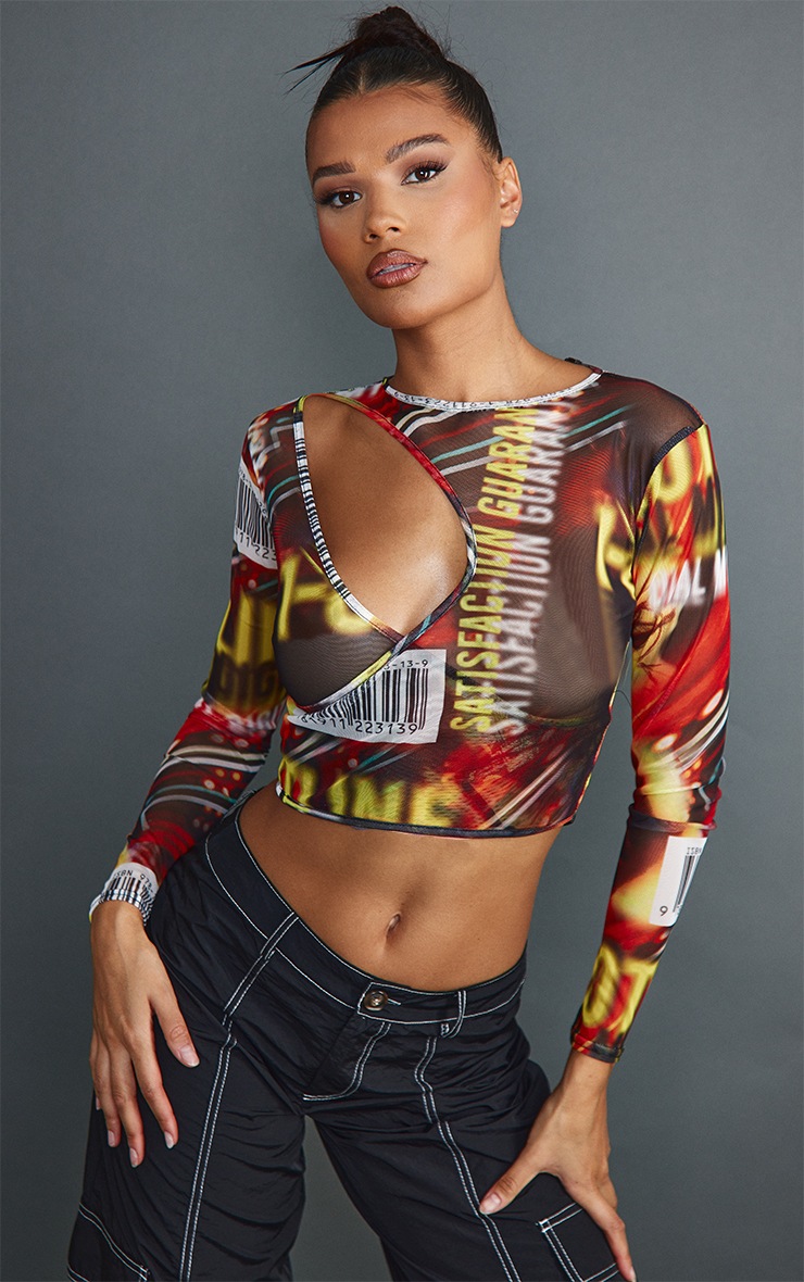 Red Newspaper Print Mesh Cross Over Crop Top