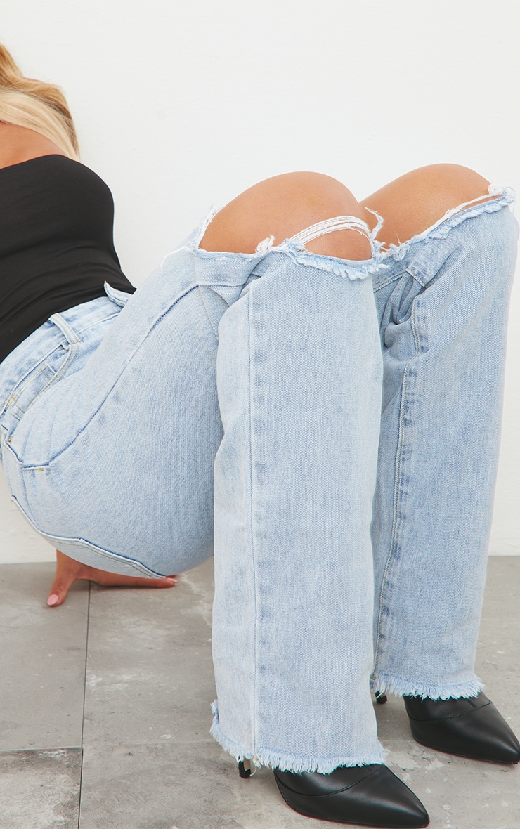 Light Blue Wash Ripped High Waist Straight Leg Jeans image 4