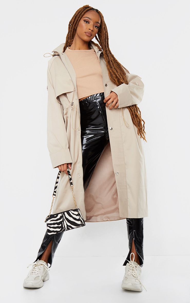 Camel Hooded Zip Through Elastic Waist Mac