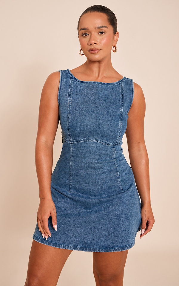  Shape Dark Blue Stretch Denim Boat Neck A-line Mini Dress