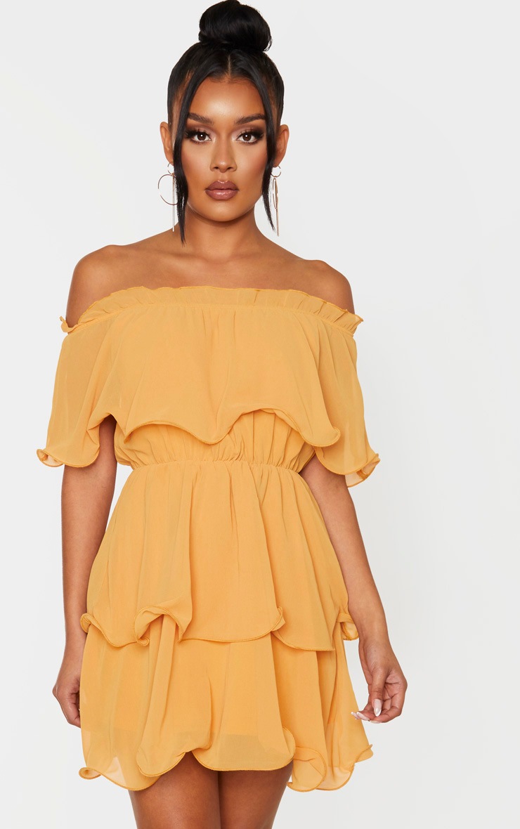 Mustard Chiffon Bardot Ruffle Tiered Dress