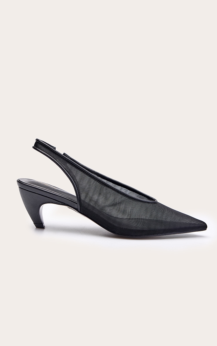 Black Mesh Point Toe Curved Heeled Sling Back image 2
