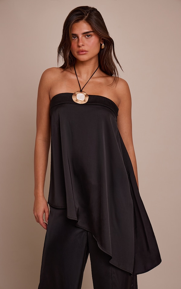 Black Satin Bandeau Asymmetric Hem Floaty Long Top