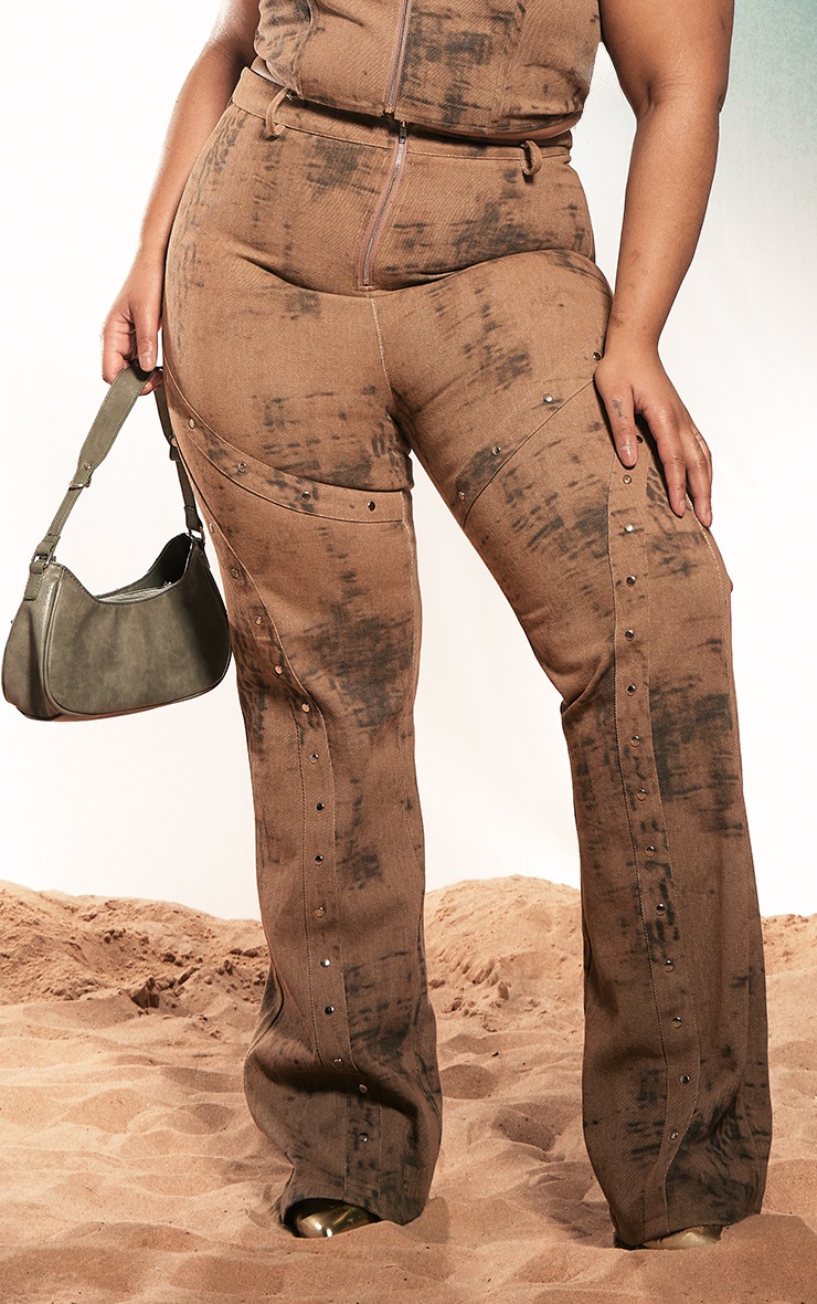 Plus Brown Acid Wash Studded Detail Flare Jeans image 2