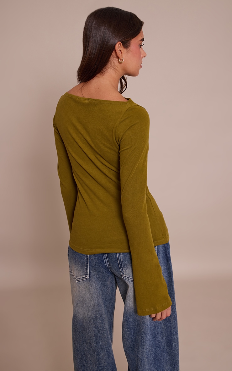 Olive Soft Cotton Boat Neck Flared Long Sleeve Top image 2