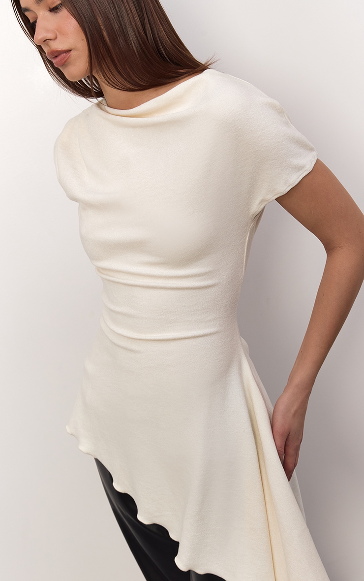 Cream Thick Brushed Jersey Asymmetric Long Top  image 5
