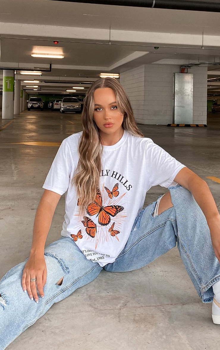 White Beverly Hills Butterfly Printed T Shirt