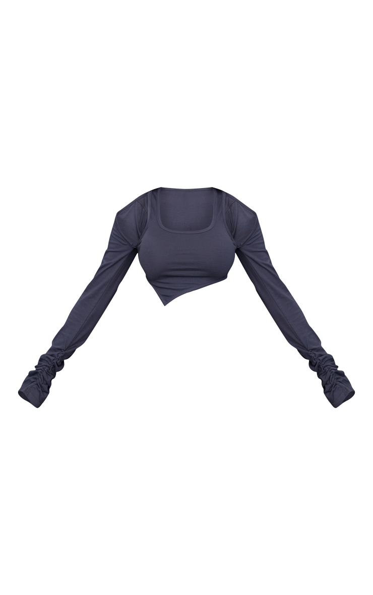 Crop top en jersey gris anthracite à épaules dénudées et manches longues froncées image 5