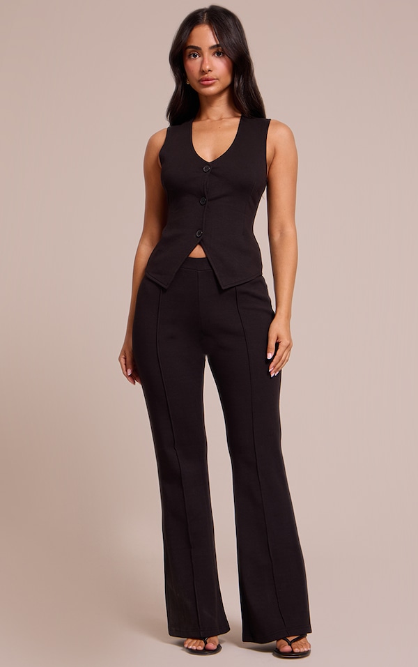 Petite Black Interlock Seam Detail Flare Pants