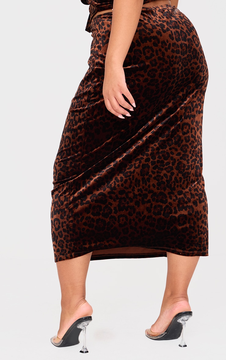 Plus Brown Velvet Animal Print Midi Skirt image 3