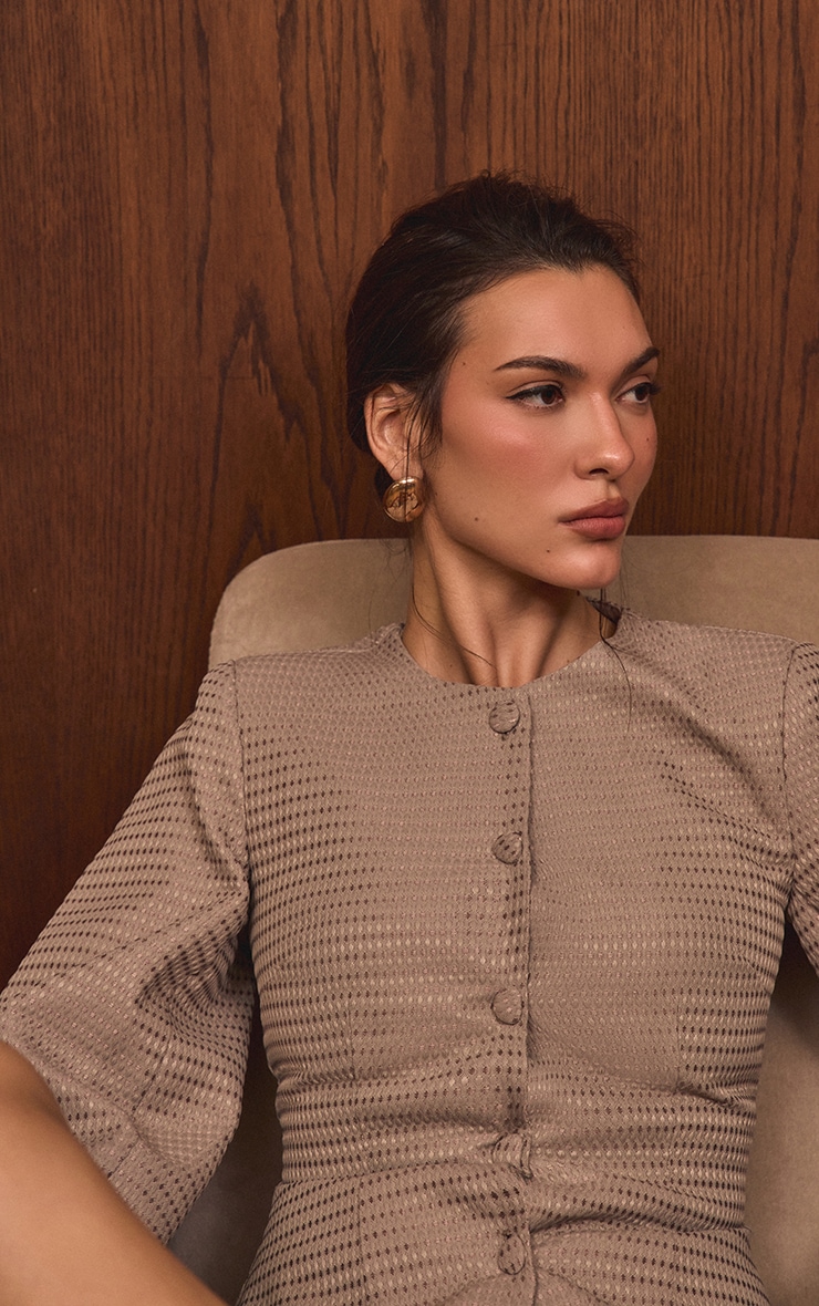 Taupe Boucle Cinched Waist Cocoon Sleeve Button Up Blazer image 4