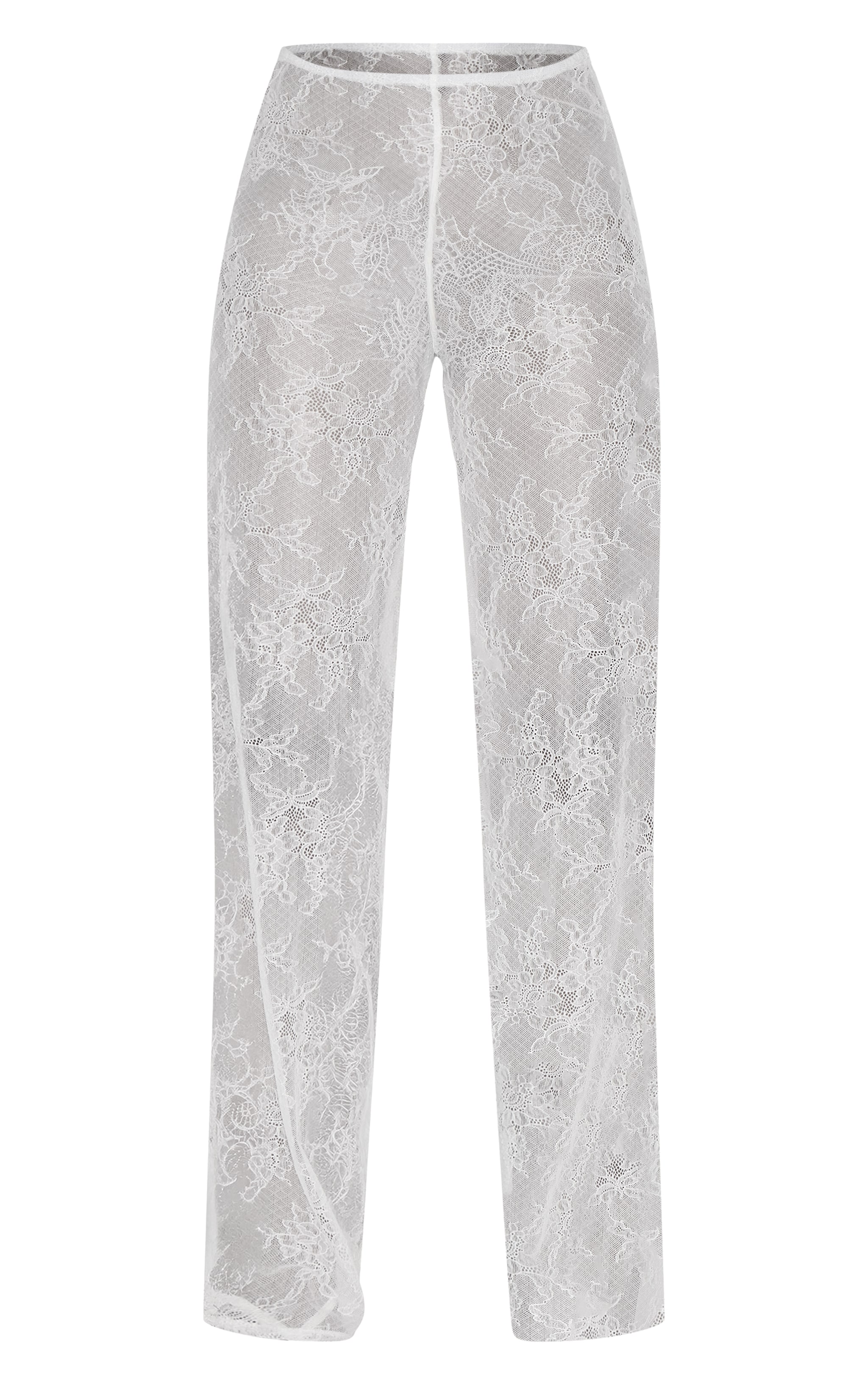 White Woven Sheer Lace Mid Rise Straight Leg Pants image 5