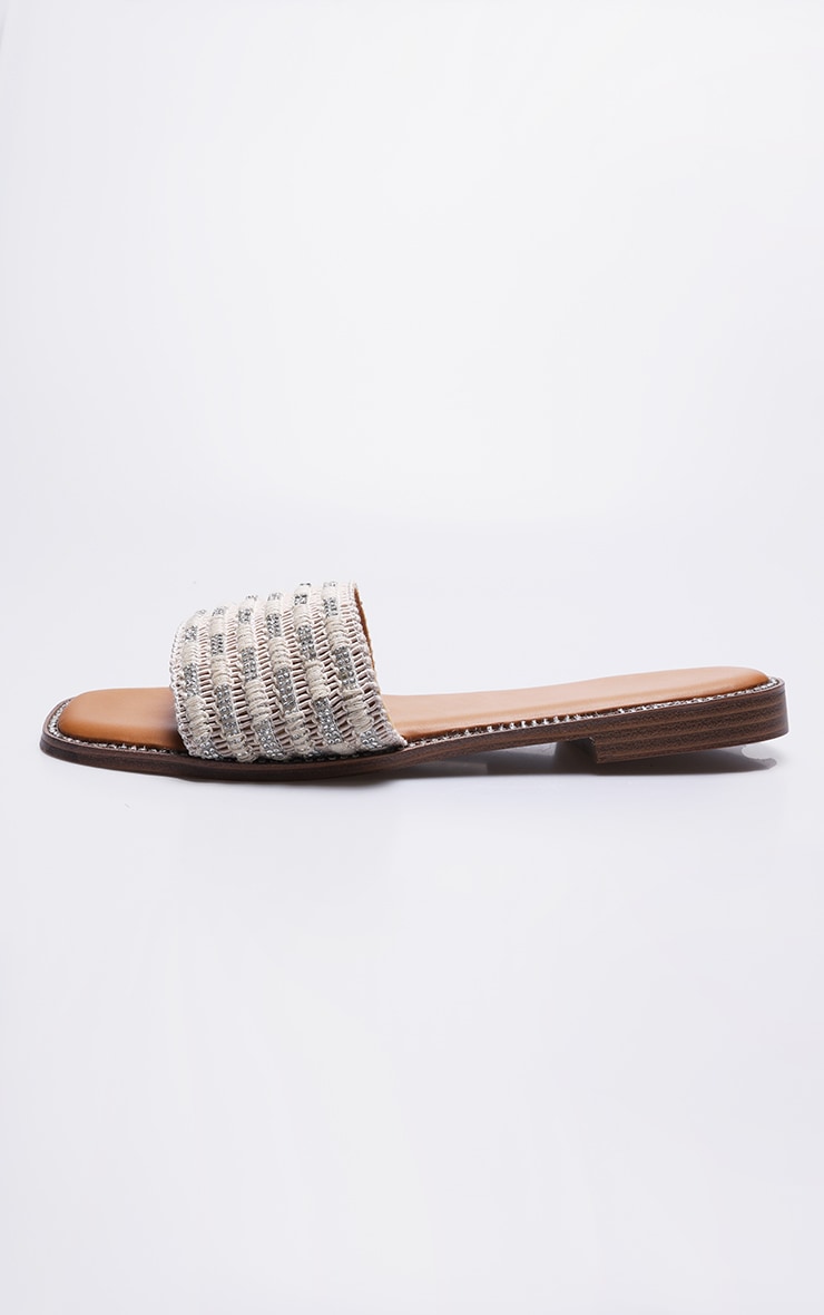 Beige Pu Square Toe Woven Strap Flat Sandals image 4