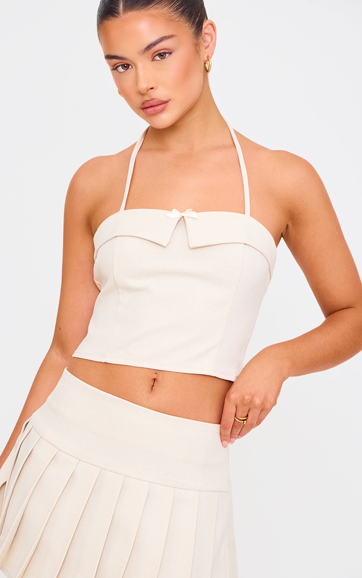 Cream Bow Detail Tie Neck Halterneck Crop Top image 4