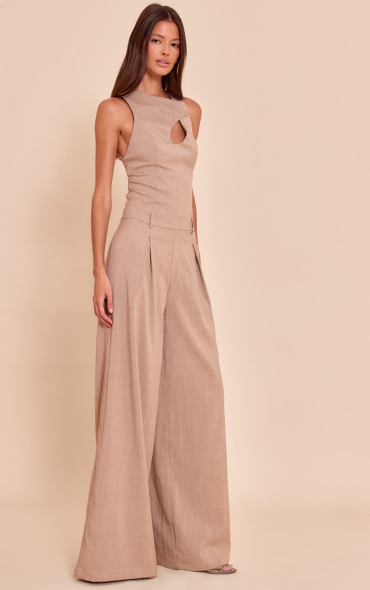 Beige Woven Key Hole Wide Leg Jumpsuit image 3