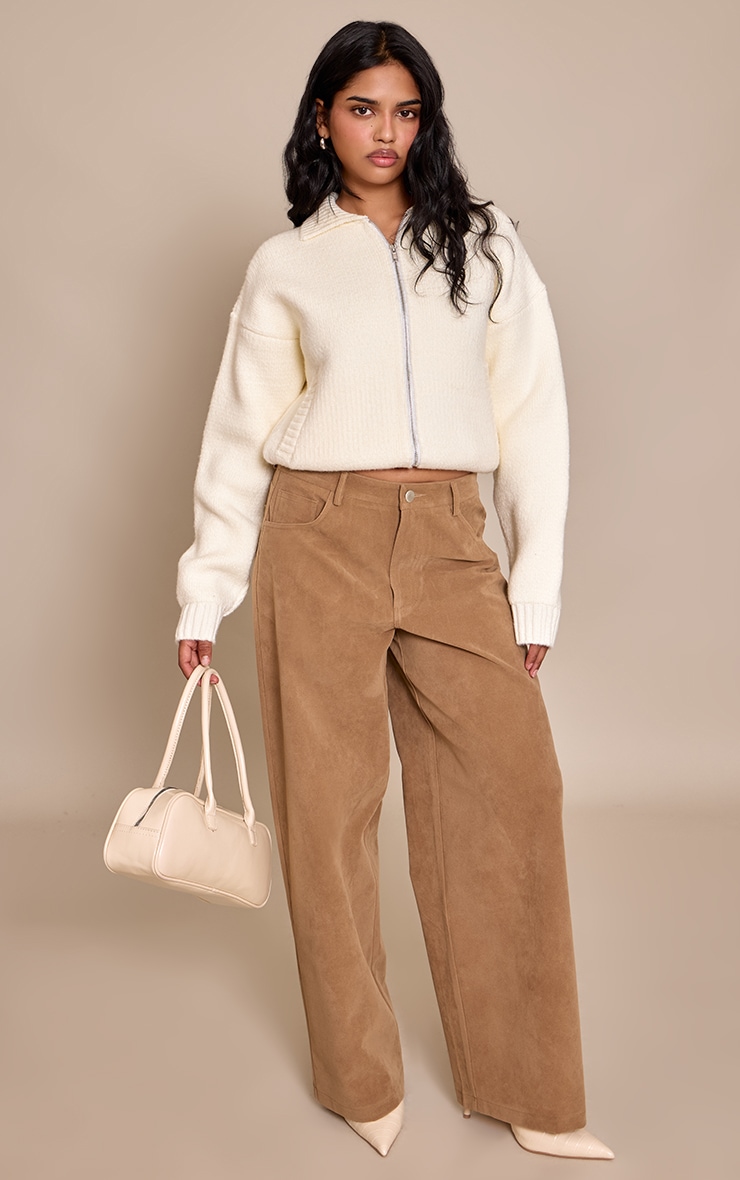 Petite Cream Knitted Zip Up Bomber Jacket image 3