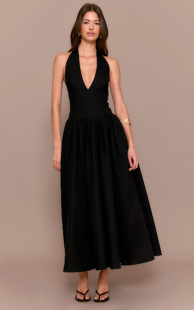 Black Halterneck Tie Detail Ruched Midaxi Dress