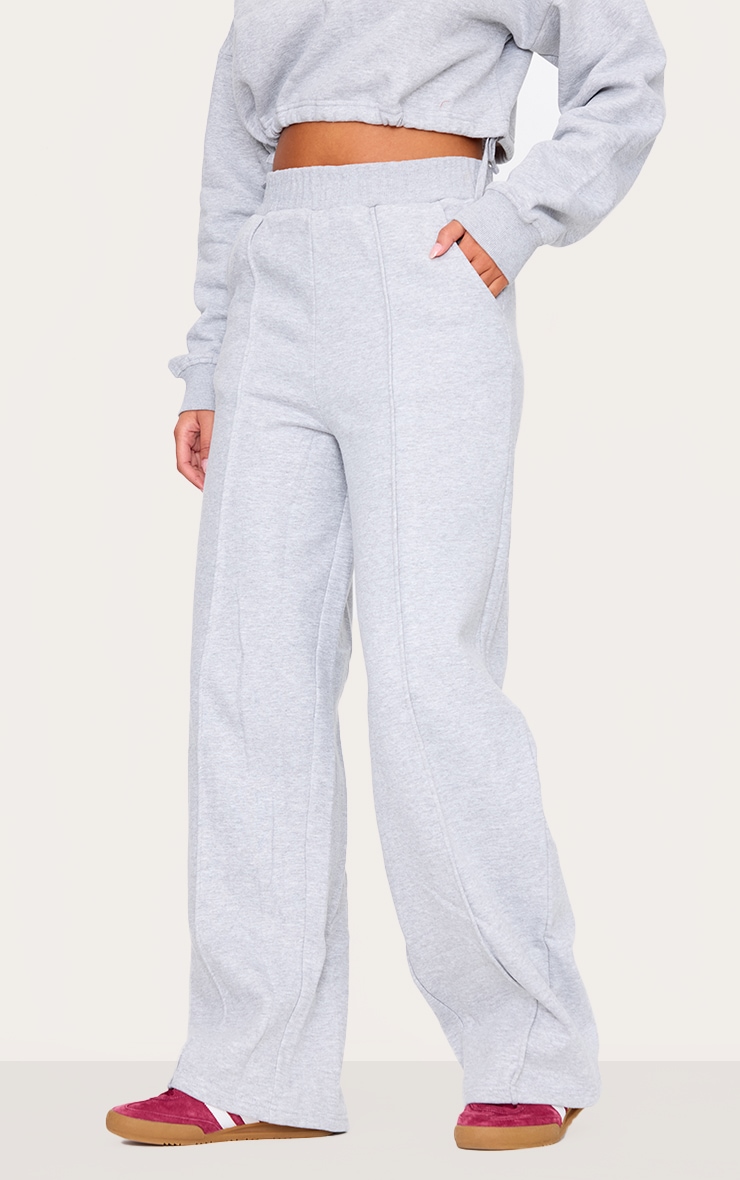 Tall Grey Marl Seam Detail High Waist Wide Leg Track Pants image 2