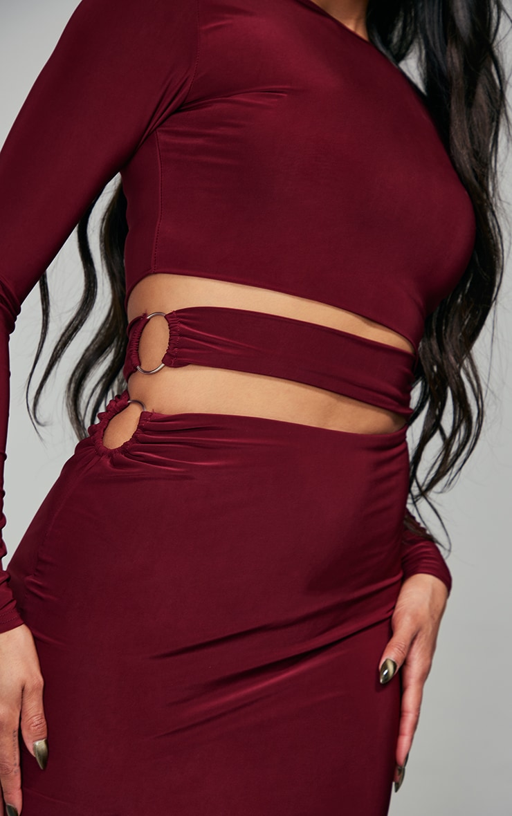 Dark Plum Slinky Cut Out Waist Ring Detail Bodycon Dress image 4