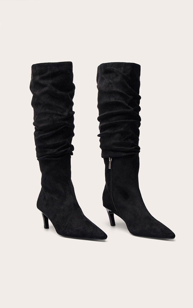 Black Faux Leather Heeled Knee High Scrunch Boot image 3