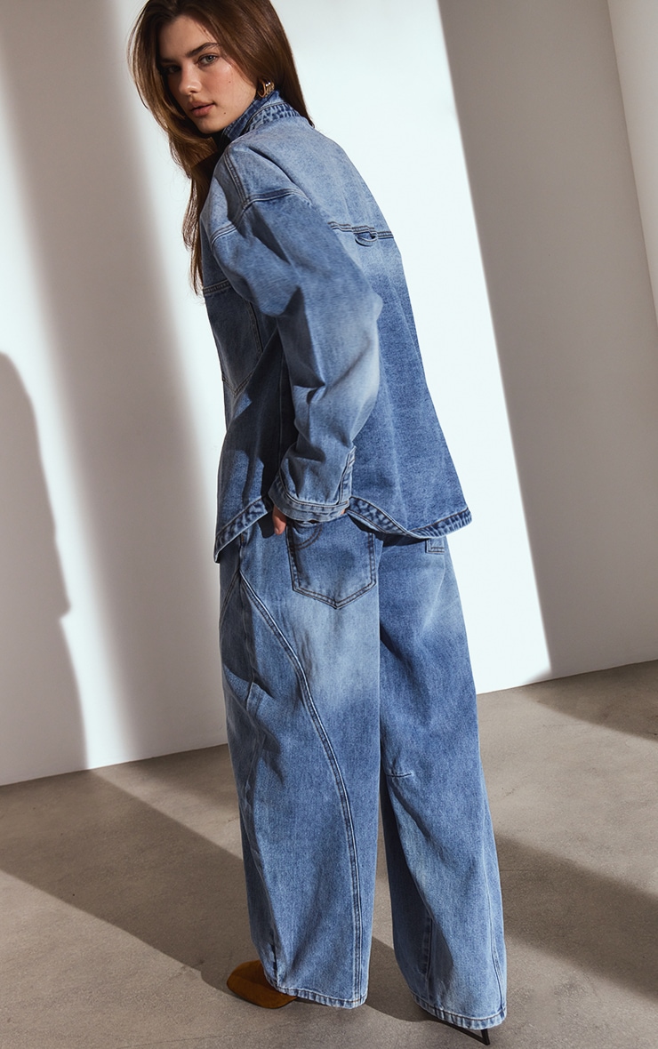 Mid Blue Seam Detail Barrel Jeans image 3