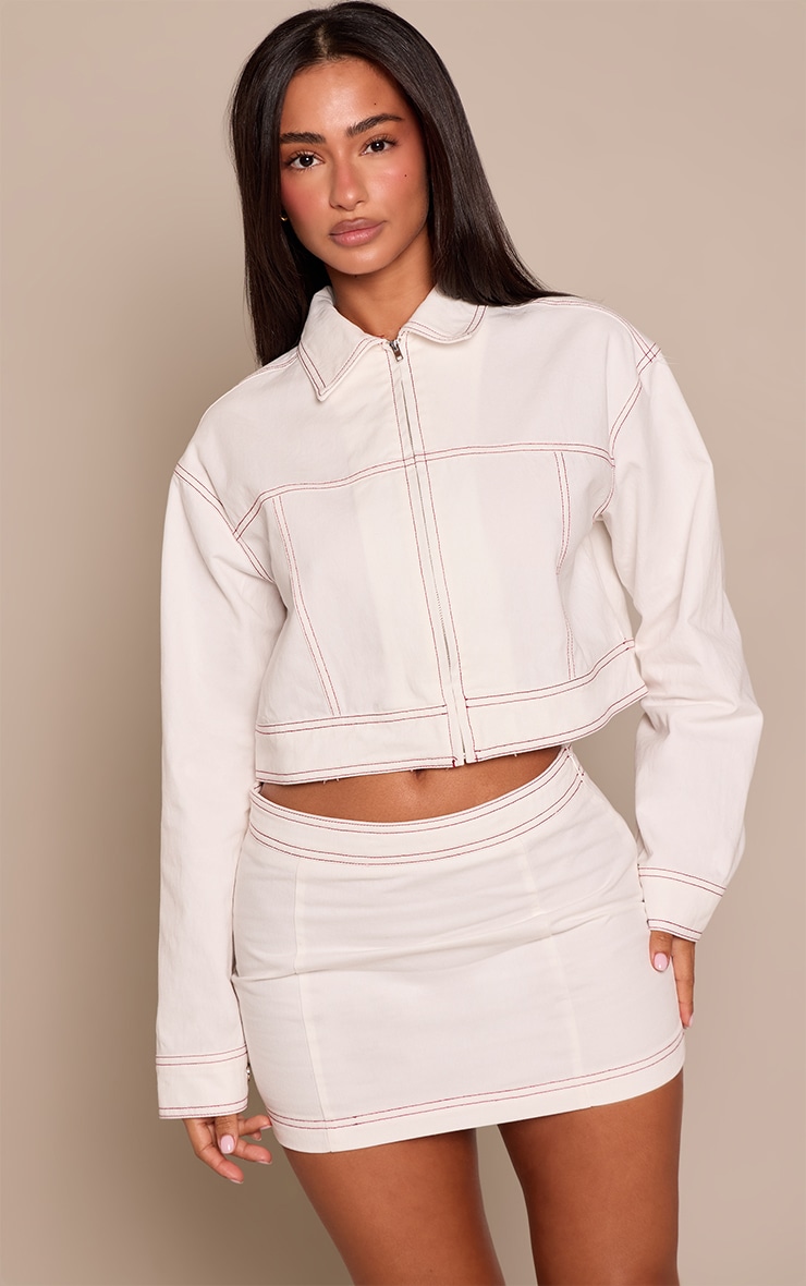 Petite Cream Contrast Stitching Zip Up Twill Jacket  image 1