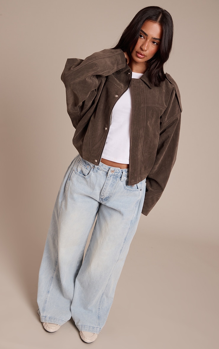 Petite Khaki Faux Suede Oversized Zip Up Jacket image 3