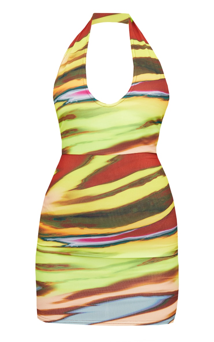 Multi Blurred Print Ribbed Halterneck Tie Back Bodycon Dress image 5