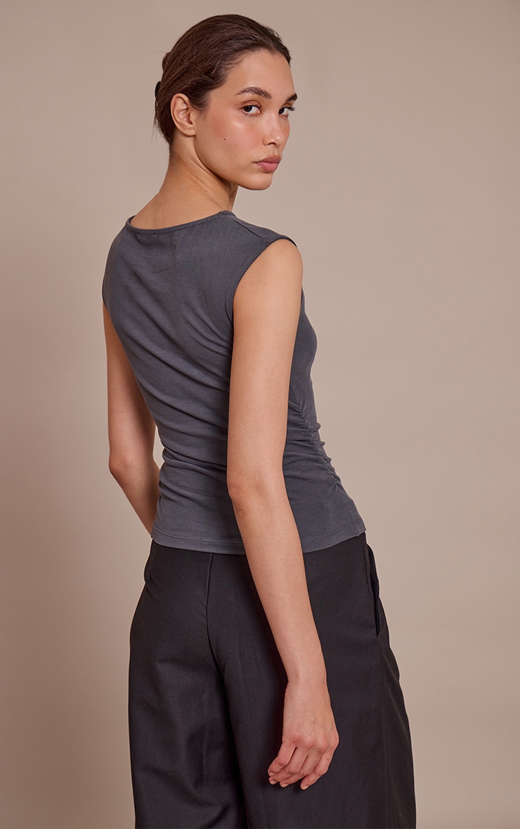 Charcoal Soft Cotton Ruched Side Sleeveless Top image 2