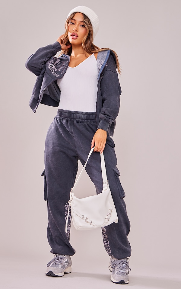 Petite Charcoal Embroidered Pocket Deatil Joggers PrettyLittleThing