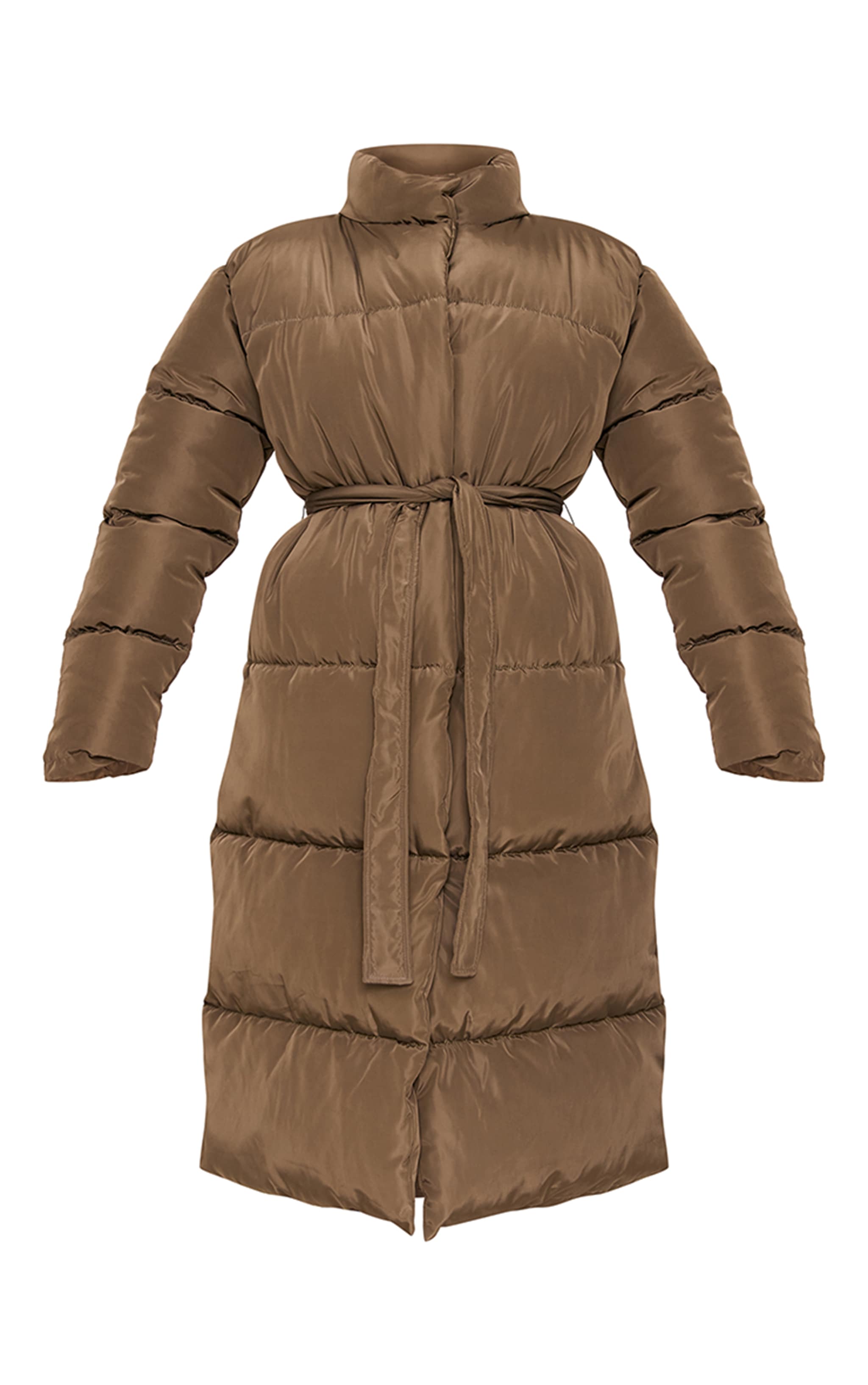 Khaki Quilted Longline Tie Waist Puffer Coat image 5