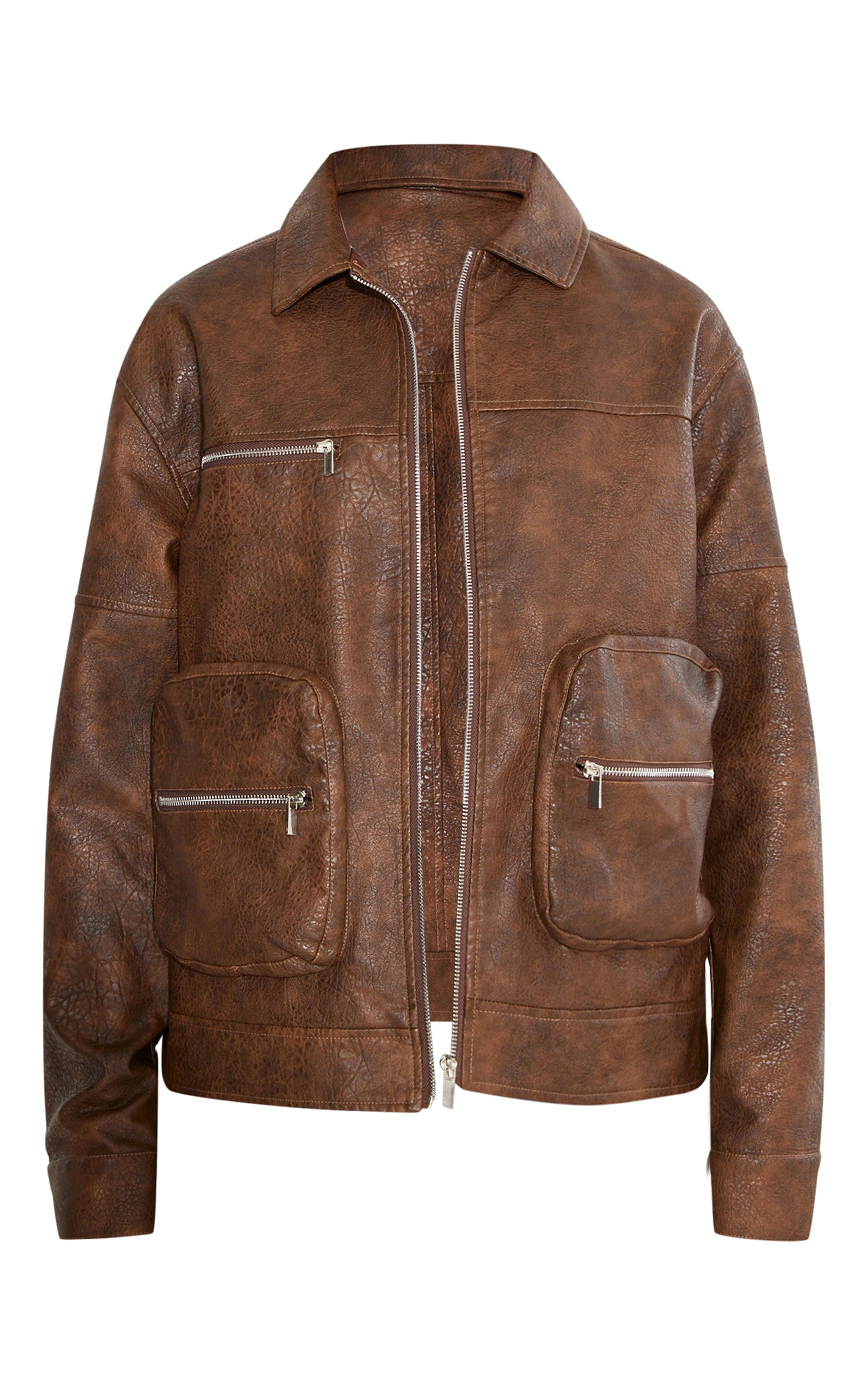 Tall Brown Faux Leather Oversized Utility Jacket image 5