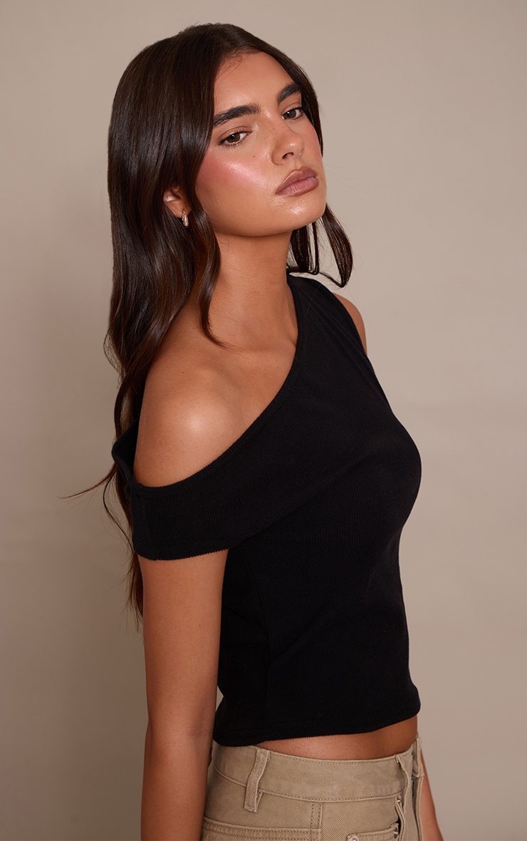 Black Soft Brushed Rib Asymmetric Neckline Long Top   image 4