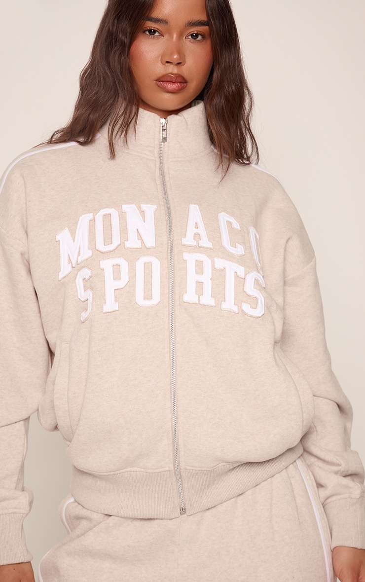 Oatmeal Marl Contrast Monaco Applique Zip Through Sweatshirt