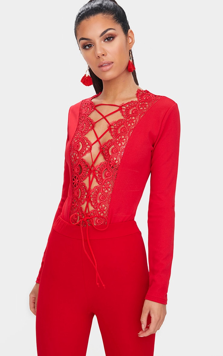 Red lace long sleeve bodysuit clearance