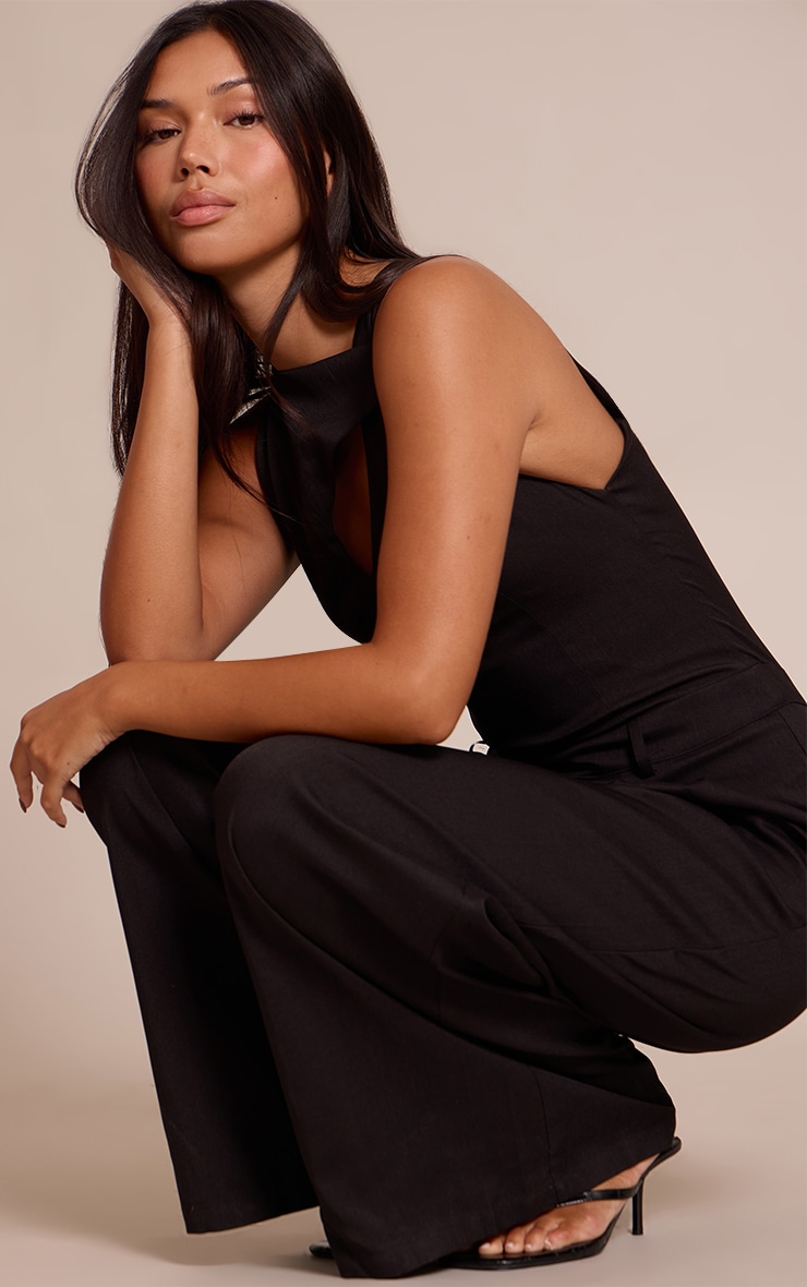 Black Woven Key Hole Wide Leg Jumpsuit image 4