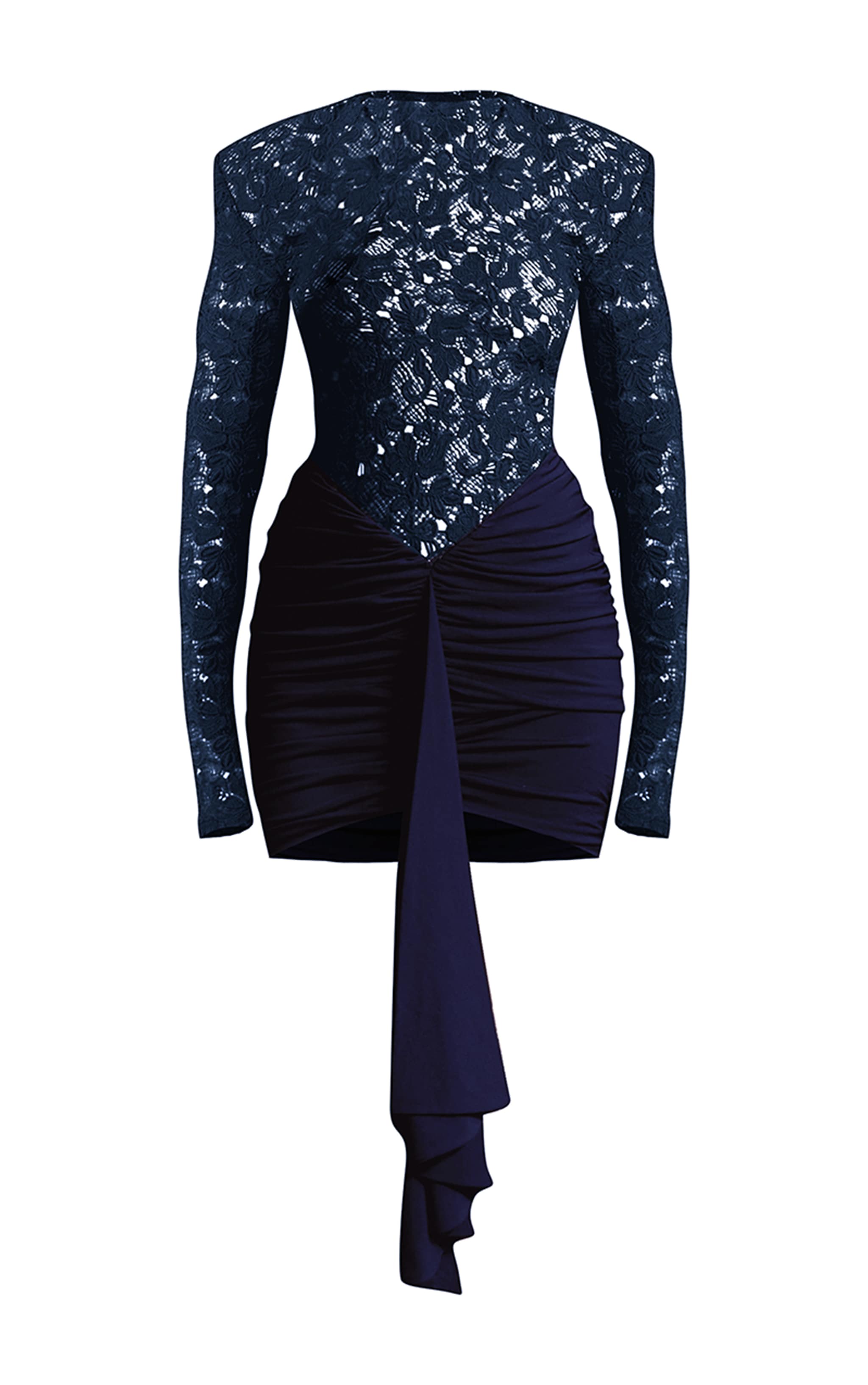 PLT Label Robe moulante en dentelle bleu marine froncée à épaules exagérées image 5