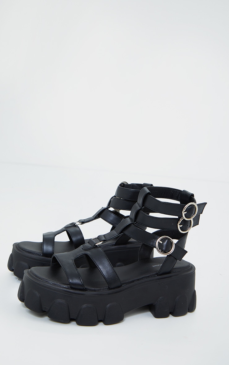 Black Chunky Sole Round Buckle Sandals