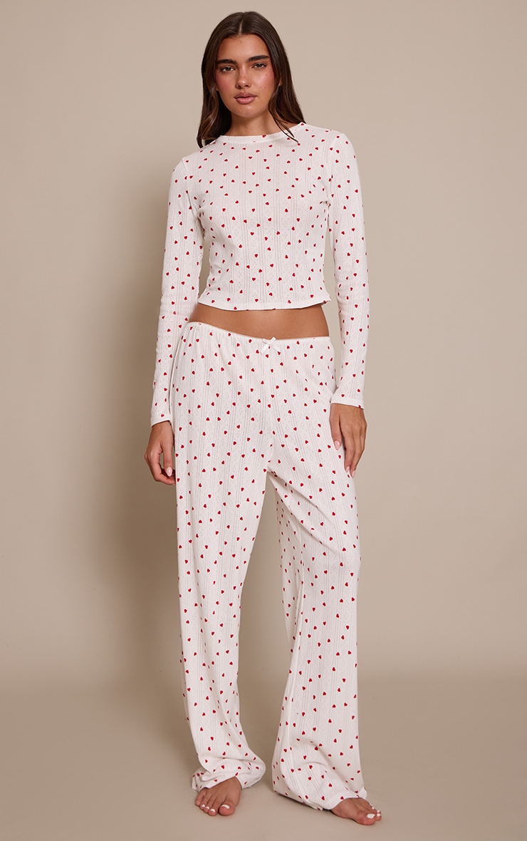 Red Heart Print Pointelle Long Sleeve Pyjama Top image 3