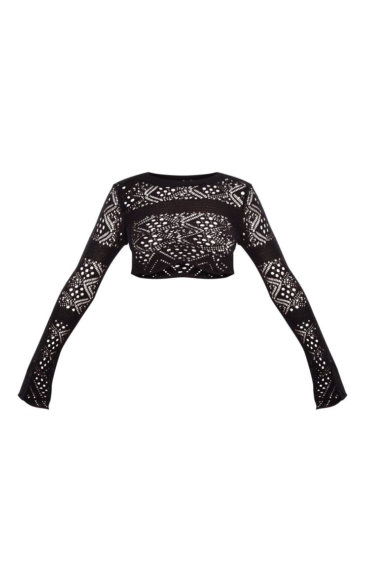 Top en maille crochet noire à motifs et manches longues image 5