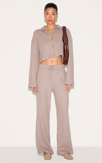 Mushroom Brushed Rib Drawstring Wide Leg Pants