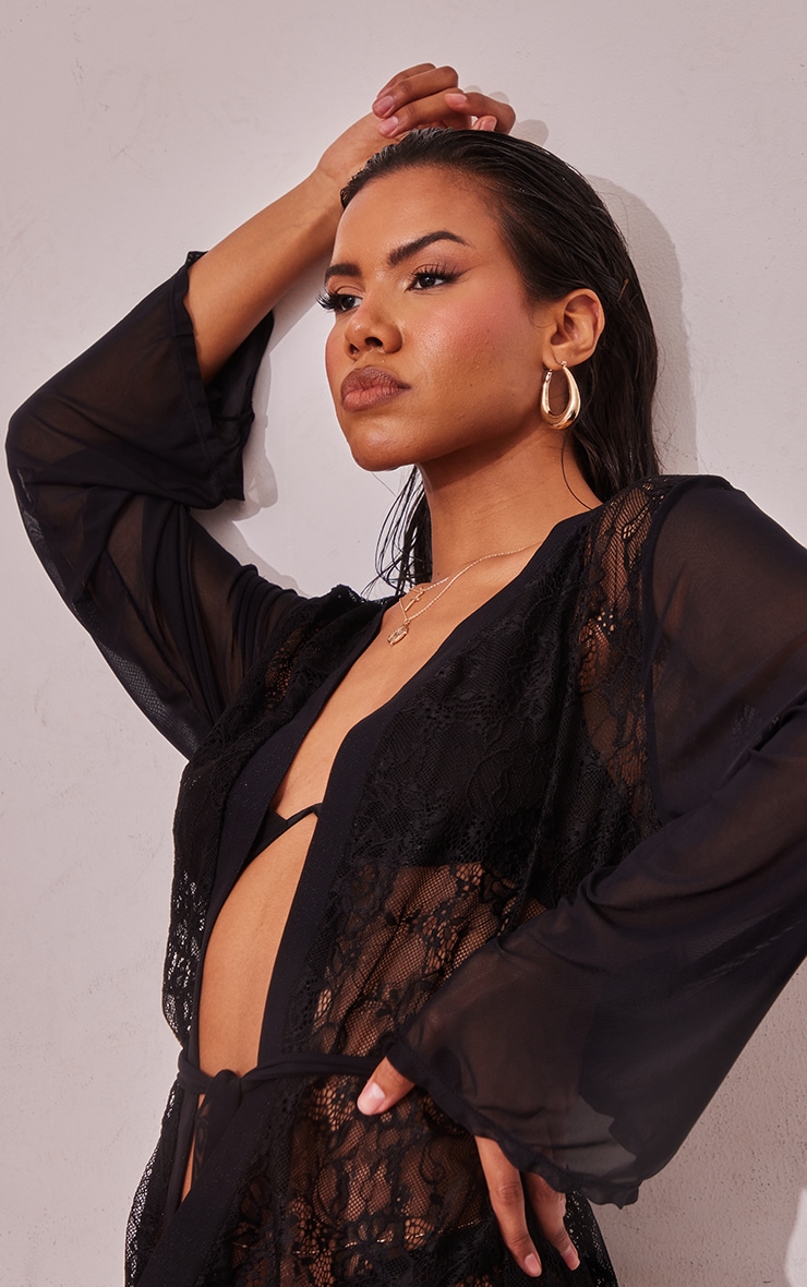 Black Lace Frill Sleeve Long Robe image 4