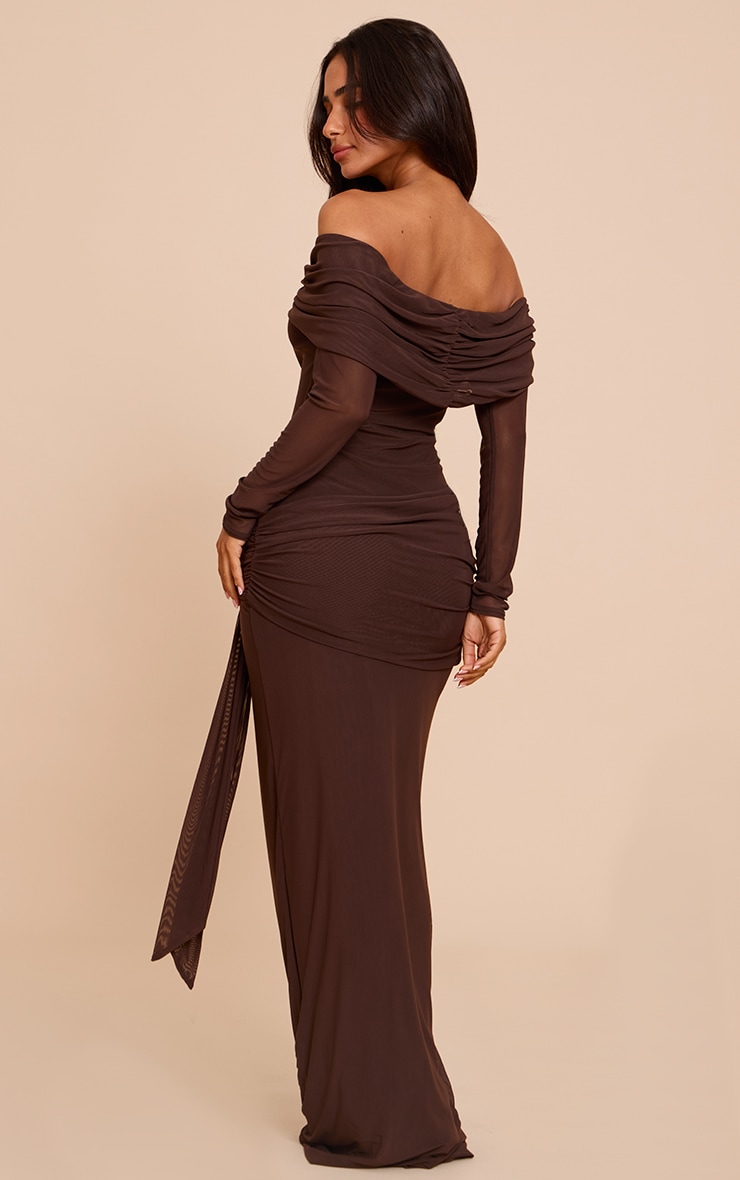 Petite Chocolate Asymmetric Long Sleeve Bardot Maxi Dress image 2