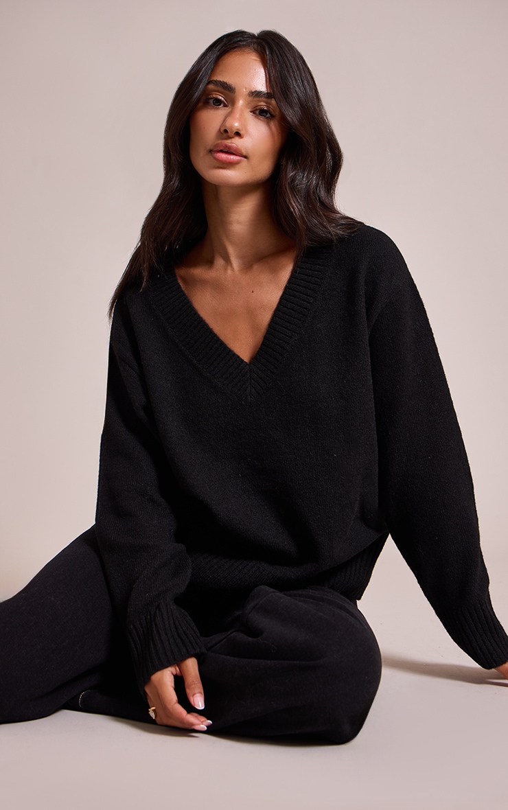 Petite Black Knit V-neck Sweater image 3