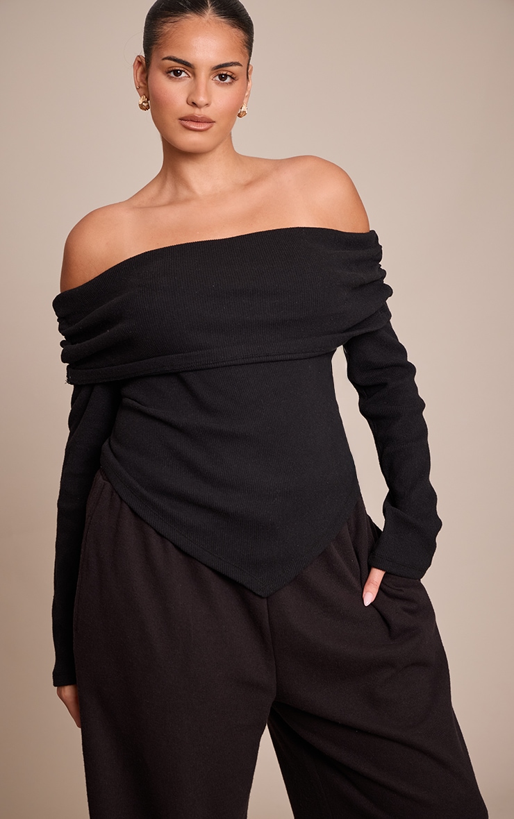 Plus Black Soft Touch Rib Off The Shoulder Long Sleeve Top image 1